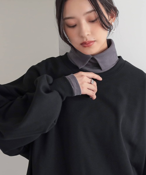 n'OrLABEL(ノアールレーベル)の「【吸湿発熱・保温・帯電防止】シャツ襟ハイネックカットソー(Tシャツ/カットソー・レディース・ブラック/グレイッシュベージュ/アイボリー/チャコール/ネイビー・M/LL/L)」の13枚目の写真
