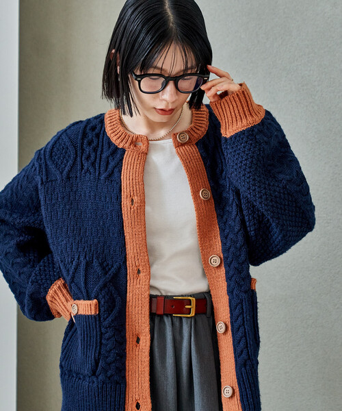 セール】パッチワーク ケーブル 配色ニットカーディガン（カーディガン