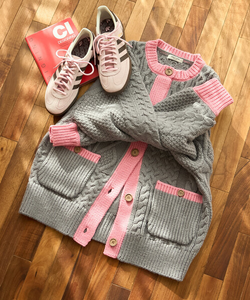セール】パッチワーク ケーブル 配色ニットカーディガン（カーディガン
