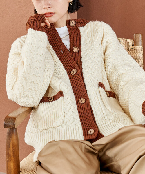 パッチワーク ケーブル 配色ニットカーディガン（カーディガン/ボレロ