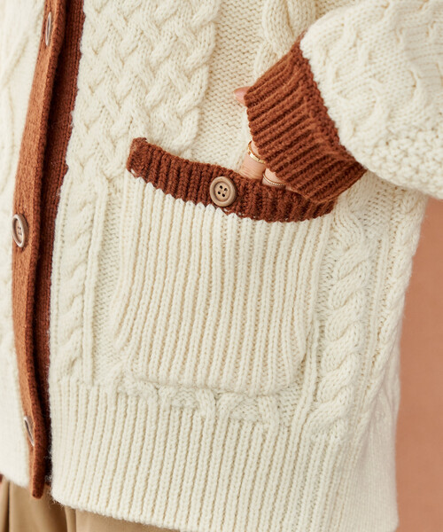 セール】パッチワーク ケーブル 配色ニットカーディガン（カーディガン