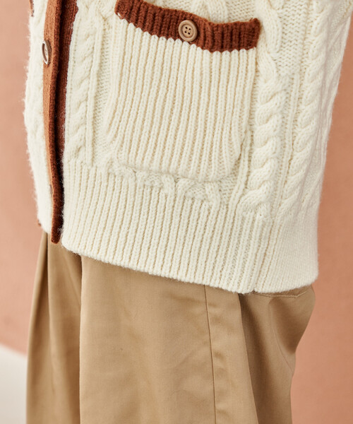 セール】パッチワーク ケーブル 配色ニットカーディガン（カーディガン