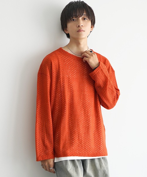 MinoriTY(マイノリティ)の「【MinoriTY】フェザータッチシアーロンT シアーニット シアートップス メンズ 秋服 春服(Tシャツ/カットソー・メンズ・アイボリー/ブラウン/グリーン/オレンジ・S/M/L)」の4枚目の写真