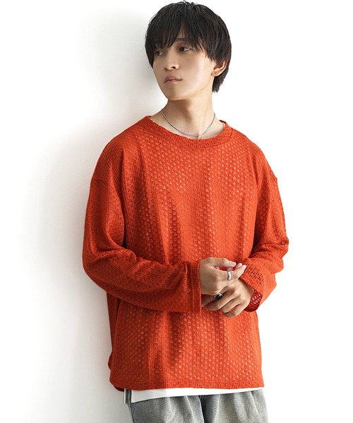 MinoriTY(マイノリティ)の「【MinoriTY】フェザータッチシアーロンT シアーニット シアートップス メンズ 秋服 春服(Tシャツ/カットソー・メンズ・アイボリー/ブラウン/グリーン/オレンジ・S/M/L)」の12枚目の写真