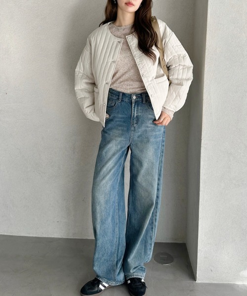 TREOVER(トレオーバー)の「シンプルなデザインがどんなコーデとも相性抜群 ノーカラーストライプキルトブルゾン(ブルゾン・レディース・ブラック/アイボリー/カーキ/ブルー・FREE)」の10枚目の写真