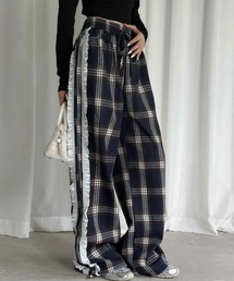 【新色追加】Y2Kトレンド裏起毛チェック柄フリルワイドパンツ