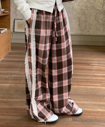 【新色追加】Y2Kトレンド裏起毛チェック柄フリルワイドパンツ