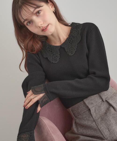couture brooch（クチュールブローチ）の「【着映え・フェミニン・通勤】レース衿カフス付きリブニット（ニット/セーター・レディース・アイボリー/ブラック/ベージュ/ブラック系6・36/38/42）」の4枚目の写真
