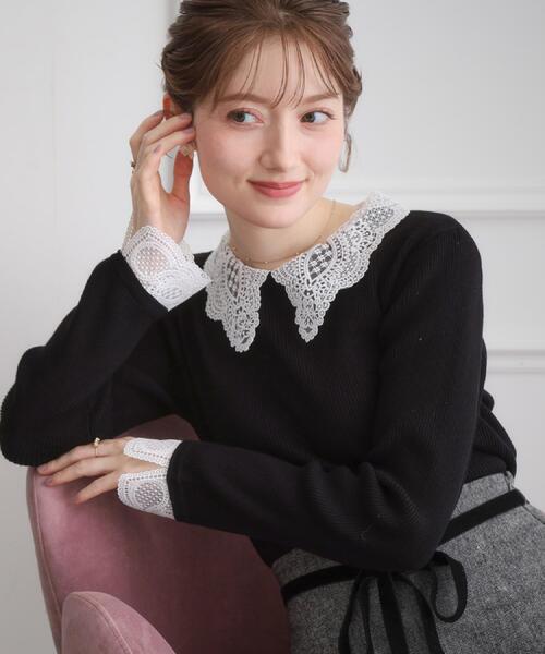 couture brooch（クチュールブローチ）の「【着映え・フェミニン・通勤】レース衿カフス付きリブニット（ニット/セーター・レディース・アイボリー/ブラック/ベージュ/ブラック系6・36/38/42）」の3枚目の写真