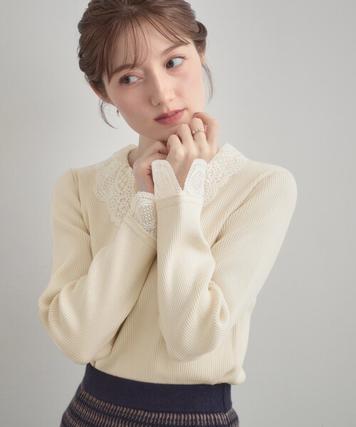 couture brooch（クチュールブローチ）の「【着映え・フェミニン・通勤】レース衿カフス付きリブニット（ニット/セーター・レディース・アイボリー/ブラック/ベージュ/ブラック系6・36/38/42）」の21枚目の写真