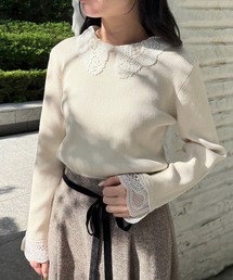 couture brooch | 【着映え・フェミニン・通勤】レース衿カフス付きリブニット(ニット/セーター)
