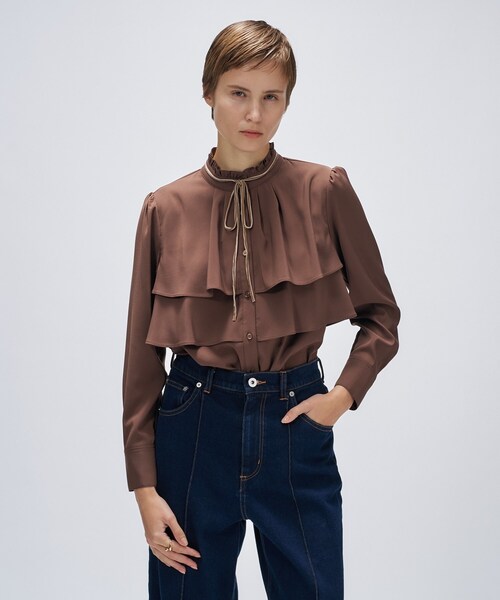 cloenc（クロエンス）の「【手洗い可】ベロアリボンフリルブラウス（シャツ/ブラウス・レディース・ライトブルー/オフホワイト/ダークブラウン・02）」の3枚目の写真