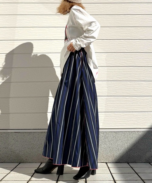 Q（キュー）の「メモリーマルチストライプスカート（スカート・レディース・ネイビー系/カーキ系・MEDIUM）」の14枚目の写真