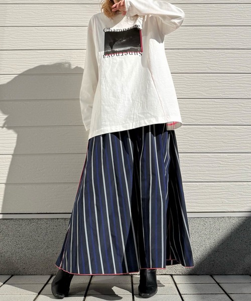 Q（キュー）の「メモリーマルチストライプスカート（スカート・レディース・ネイビー系/カーキ系・MEDIUM）」の12枚目の写真