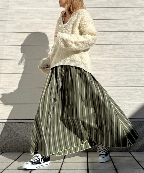 Q（キュー）の「メモリーマルチストライプスカート（スカート・レディース・ネイビー系/カーキ系・MEDIUM）」の10枚目の写真