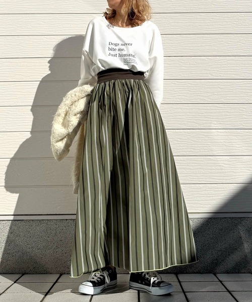 Q（キュー）の「メモリーマルチストライプスカート（スカート・レディース・ネイビー系/カーキ系・MEDIUM）」の7枚目の写真