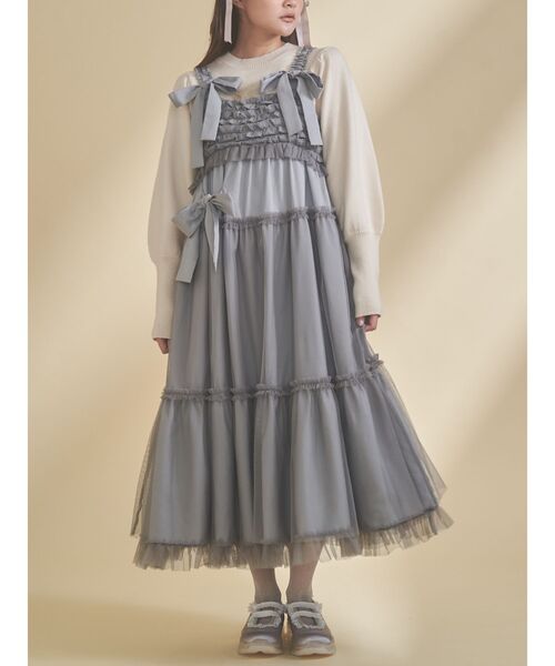 merry jenny（メリージェニー）の「チュールリボンキャミワンピース（ワンピース・レディース・ピンク/ネイビー/ブラック/ブルー・FREE）」の3枚目の写真