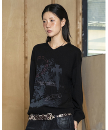 GLACK（グラック）の「GNT078 Philosophy Graphic Soft V-Neck Knit (BLACK)（ニット/セーター・メンズ）」