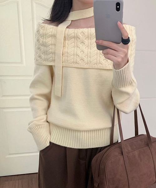 gossip!ロサンゼルス(ゴシップロサンゼルス)の「YUGA ワンショルダー ホルターネックリボンセーター(ニット/セーター・レディース・グレー/ホワイト/ライトグレー/イエロー/ネイビー・FREE)」の1枚目の写真