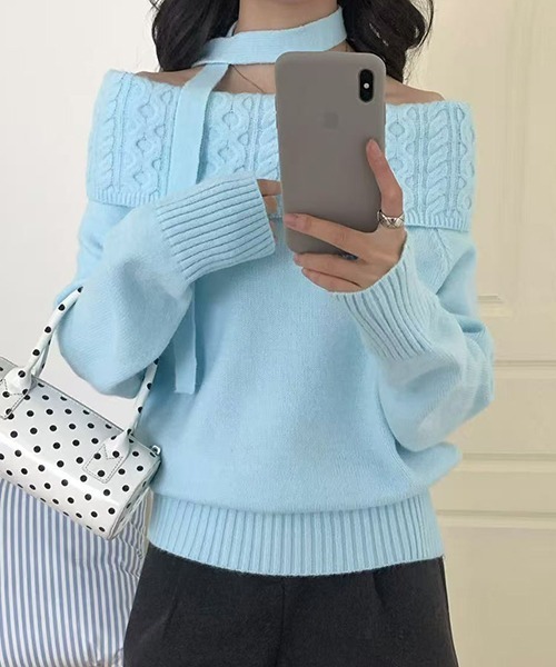 gossip!ロサンゼルス(ゴシップロサンゼルス)の「YUGA ワンショルダー ホルターネックリボンセーター(ニット/セーター・レディース・グレー/ホワイト/ライトグレー/イエロー/ネイビー・FREE)」の6枚目の写真