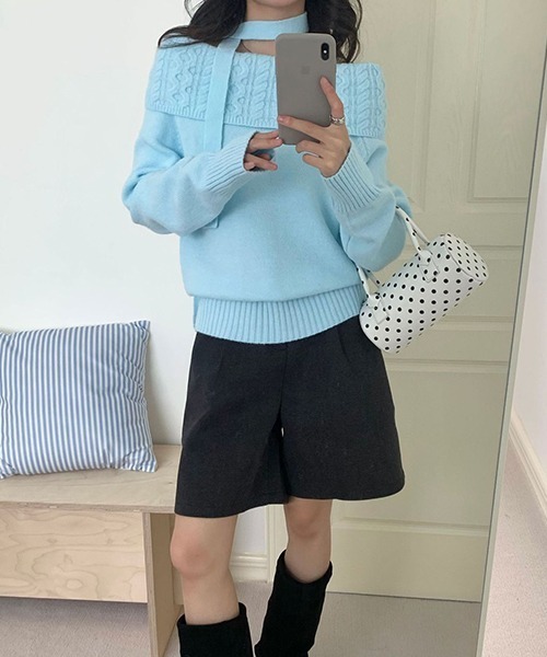 gossip!ロサンゼルス(ゴシップロサンゼルス)の「YUGA ワンショルダー ホルターネックリボンセーター(ニット/セーター・レディース・グレー/ホワイト/ライトグレー/イエロー/ネイビー・FREE)」の8枚目の写真