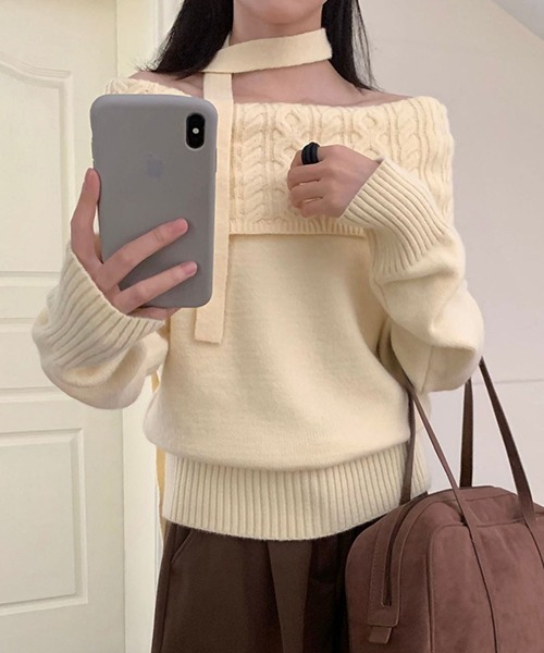 gossip!ロサンゼルス(ゴシップロサンゼルス)の「YUGA ワンショルダー ホルターネックリボンセーター(ニット/セーター・レディース・グレー/ホワイト/ライトグレー/イエロー/ネイビー・FREE)」の11枚目の写真