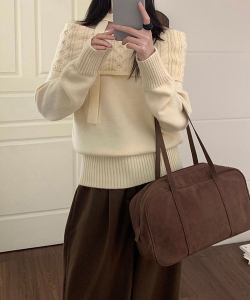 gossip!ロサンゼルス(ゴシップロサンゼルス)の「YUGA ワンショルダー ホルターネックリボンセーター(ニット/セーター・レディース・グレー/ホワイト/ライトグレー/イエロー/ネイビー・FREE)」の12枚目の写真
