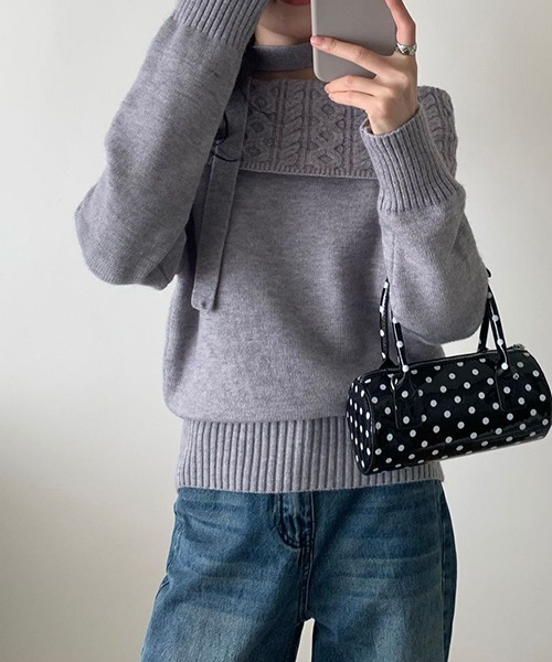 gossip!ロサンゼルス(ゴシップロサンゼルス)の「YUGA ワンショルダー ホルターネックリボンセーター(ニット/セーター・レディース・グレー/ホワイト/ライトグレー/イエロー/ネイビー・FREE)」の15枚目の写真