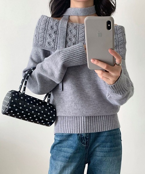gossip!ロサンゼルス(ゴシップロサンゼルス)の「YUGA ワンショルダー ホルターネックリボンセーター(ニット/セーター・レディース・グレー/ホワイト/ライトグレー/イエロー/ネイビー・FREE)」の16枚目の写真