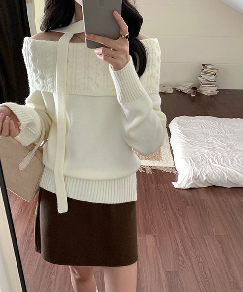 gossip!ロサンゼルス(ゴシップロサンゼルス)の「YUGA ワンショルダー ホルターネックリボンセーター(ニット/セーター・レディース・グレー/ホワイト/ライトグレー/イエロー/ネイビー・FREE)」の19枚目の写真