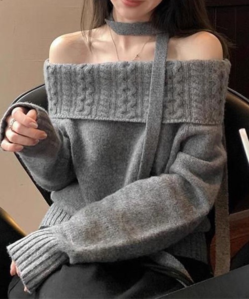 gossip!ロサンゼルス(ゴシップロサンゼルス)の「YUGA ワンショルダー ホルターネックリボンセーター(ニット/セーター・レディース・グレー/ホワイト/ライトグレー/イエロー/ネイビー・FREE)」の21枚目の写真