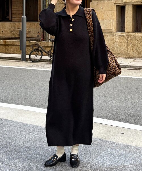 Chez toi（シェトワ）の「襟付ニットワンピース（ワンピース・レディース・ブラック/ライトグレー・FREE）」の2枚目の写真