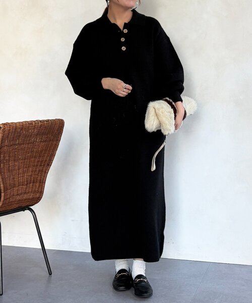 Chez toi（シェトワ）の「襟付ニットワンピース（ワンピース・レディース・ブラック/ライトグレー・FREE）」の7枚目の写真