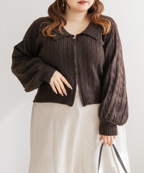 CLETTE(クレット)の「CLETTEオリジナルケーブル編み襟付きジップニット(ニット/セーター・レディース・ピンク/ブラウン/グレー・LL/3L/4L)」の2枚目の写真