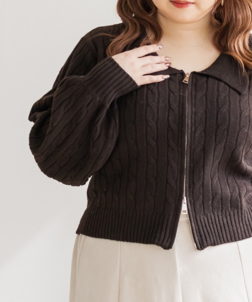 CLETTE(クレット)の「CLETTEオリジナルケーブル編み襟付きジップニット(ニット/セーター・レディース・ピンク/ブラウン/グレー・LL/3L/4L)」の9枚目の写真