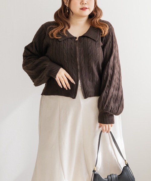 CLETTE(クレット)の「CLETTEオリジナルケーブル編み襟付きジップニット(ニット/セーター・レディース・ピンク/ブラウン/グレー・LL/3L/4L)」の10枚目の写真