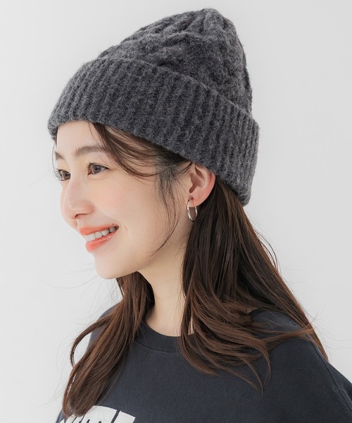 coca（coca）（コカ）の「ウール混ケーブルニット帽子（ニットキャップ/ビーニー・レディース・グレー/ブラウン・ONE SIZE）」の2枚目の写真