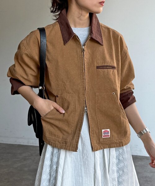 CPCM（シーピーシーエム）の「襟配色ワークジャケット（ブルゾン・レディース・グリーン/キャメル/アイボリー・MEDIUM/SMALL）」の5枚目の写真