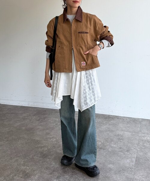 CPCM（シーピーシーエム）の「襟配色ワークジャケット（ブルゾン・レディース・グリーン/キャメル/アイボリー・MEDIUM/SMALL）」の7枚目の写真