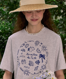 [ノンローカルxイーサックバッグ] Seaside Hand Drawing T-shirt - Light Grey