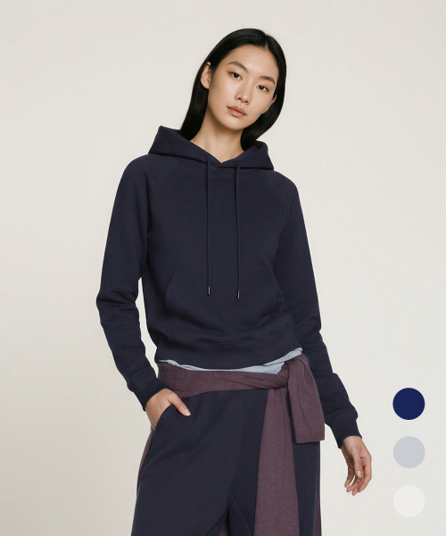 BUTTON SEOUL（ボタンソウル）の「[ウィメンズ] セミクロップベーシックラグランフード (3 COLORS)（パーカー・レディース・ミックスグレー/ネイビー/ホワイト・SMALL/MEDIUM/LARGE）」の4枚目の写真