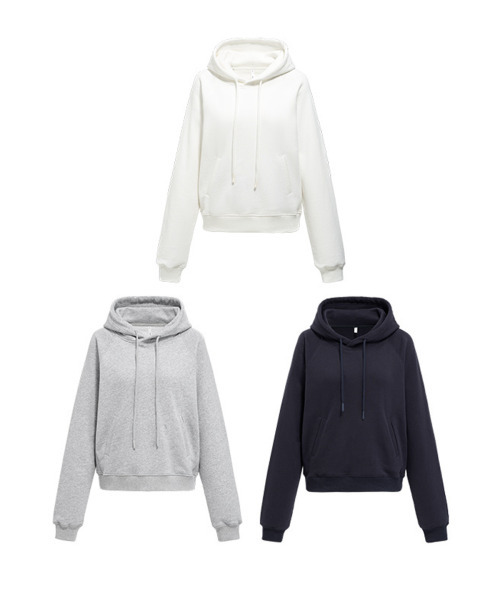 BUTTON SEOUL（ボタンソウル）の「[ウィメンズ] セミクロップベーシックラグランフード (3 COLORS)（パーカー・レディース・ミックスグレー/ネイビー/ホワイト・SMALL/MEDIUM/LARGE）」の5枚目の写真