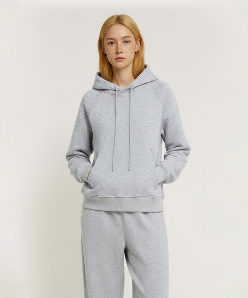BUTTON SEOUL（ボタンソウル）の「[ウィメンズ] セミクロップベーシックラグランフード (3 COLORS)（パーカー・レディース・ミックスグレー/ネイビー/ホワイト・SMALL/MEDIUM/LARGE）」の7枚目の写真