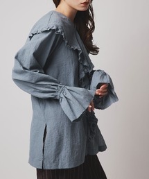 ミックス ガーゼ ビッグカラー フリル ブラウス / Mix Gauze Big Collar Frill Blouse