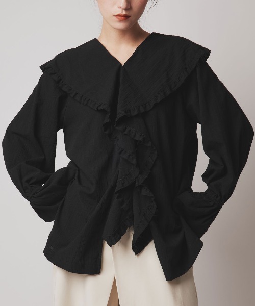W:Huku(フーク)の「ミックス ガーゼ ビッグカラー フリル ブラウス / Mix Gauze Big Collar Frill Blouse(シャツ/ブラウス・レディース・ベージュ/ブルーグレー/ブラック/ホワイト・FREE)」の1枚目の写真
