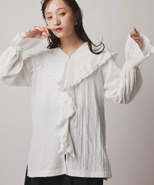 W:Huku(フーク)の「ミックス ガーゼ ビッグカラー フリル ブラウス / Mix Gauze Big Collar Frill Blouse(シャツ/ブラウス・レディース・ベージュ/ブルーグレー/ブラック/ホワイト・FREE)」の14枚目の写真