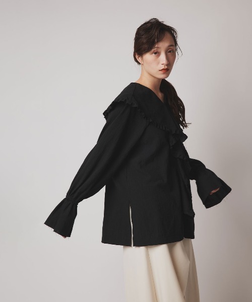 W:Huku(フーク)の「ミックス ガーゼ ビッグカラー フリル ブラウス / Mix Gauze Big Collar Frill Blouse(シャツ/ブラウス・レディース・ベージュ/ブルーグレー/ブラック/ホワイト・FREE)」の17枚目の写真