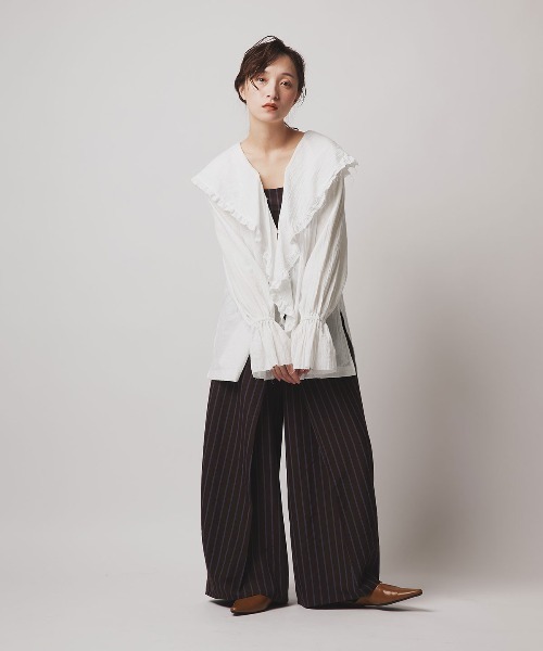 W:Huku(フーク)の「ミックス ガーゼ ビッグカラー フリル ブラウス / Mix Gauze Big Collar Frill Blouse(シャツ/ブラウス・レディース・ベージュ/ブルーグレー/ブラック/ホワイト・FREE)」の6枚目の写真