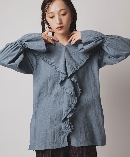 W:Huku(フーク)の「ミックス ガーゼ ビッグカラー フリル ブラウス / Mix Gauze Big Collar Frill Blouse(シャツ/ブラウス・レディース・ベージュ/ブルーグレー/ブラック/ホワイト・FREE)」の8枚目の写真