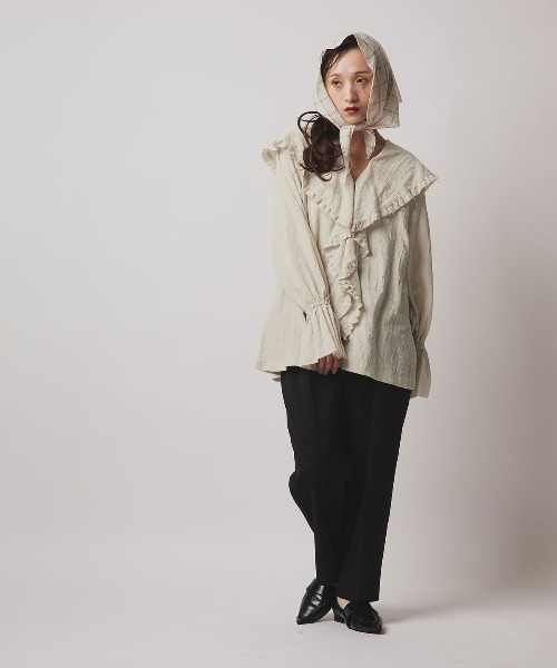 W:Huku(フーク)の「ミックス ガーゼ ビッグカラー フリル ブラウス / Mix Gauze Big Collar Frill Blouse(シャツ/ブラウス・レディース・ベージュ/ブルーグレー/ブラック/ホワイト・FREE)」の10枚目の写真